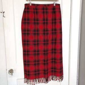 VTG Requirements Womans Size 12 Red Black Plaid Fringe Midi skirt